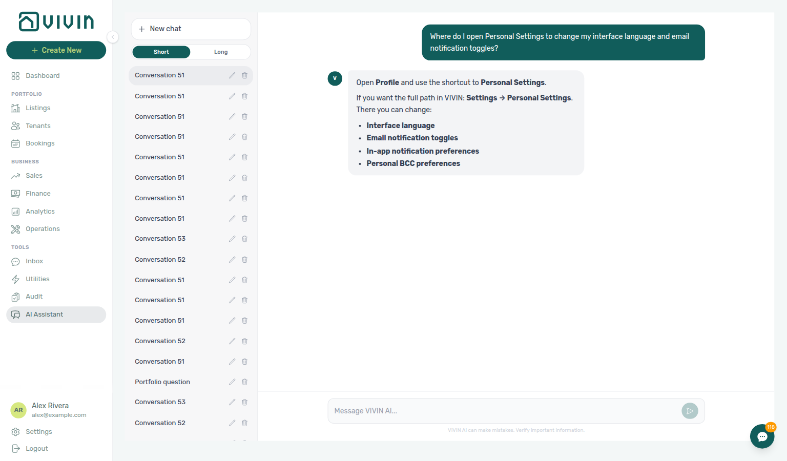 AI Assistant — where to open Personal Settings for interface language and email notification toggles