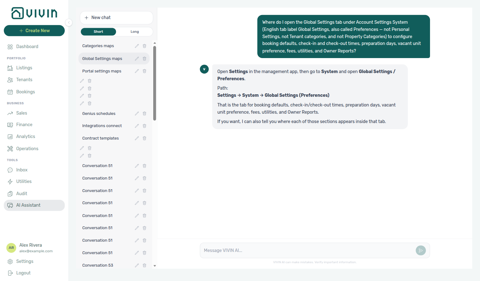 AI Assistant — where to open Global Settings for booking defaults, fees, utilities, and Owner Reports