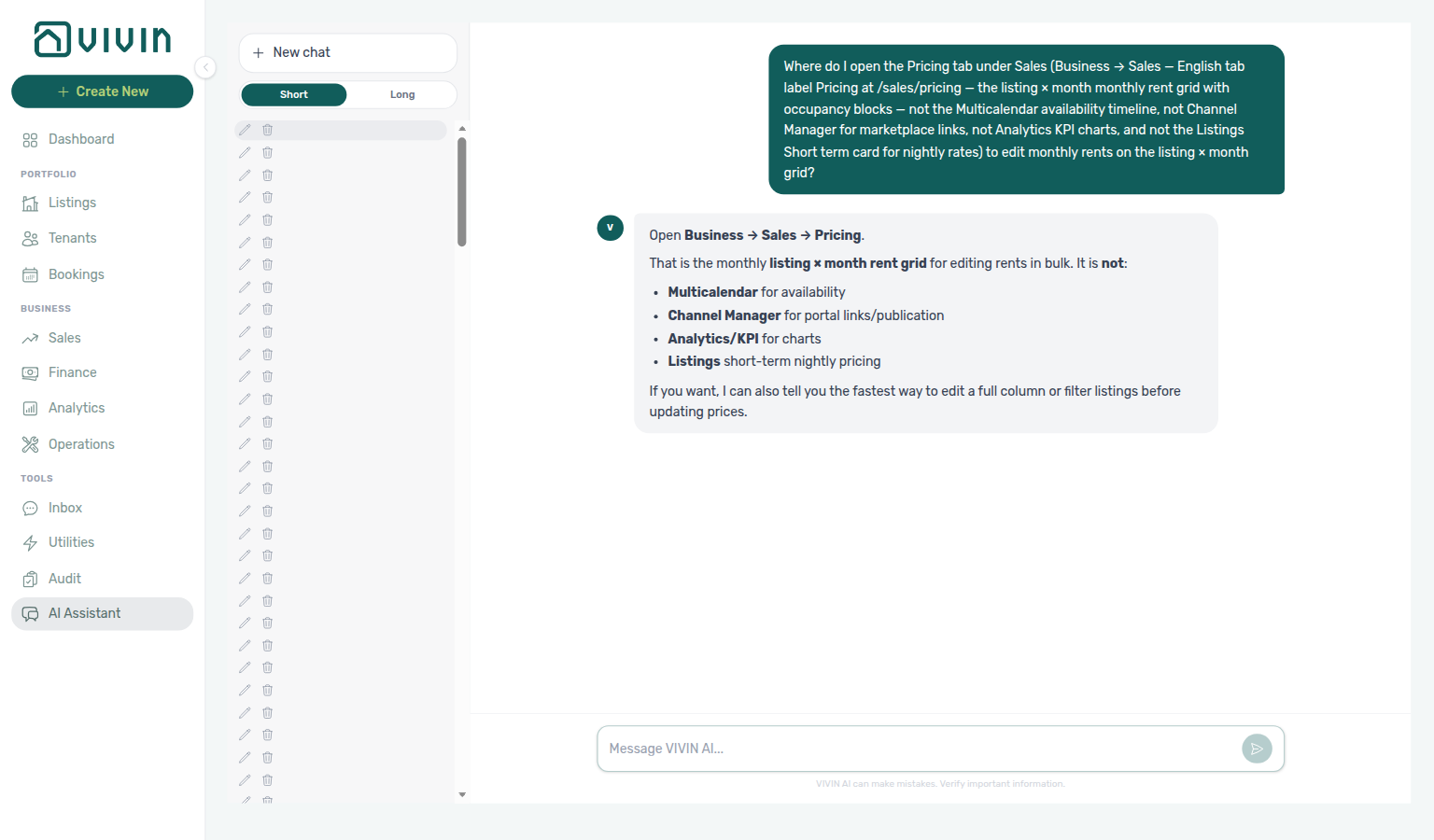 AI Assistant — where to open the Sales Pricing tab for the monthly listing × month rent grid