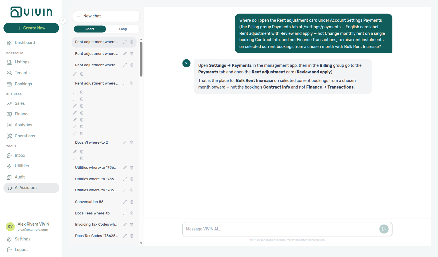 AI Assistant — where to open Rent adjustment for Bulk Rent Increase on selected bookings
