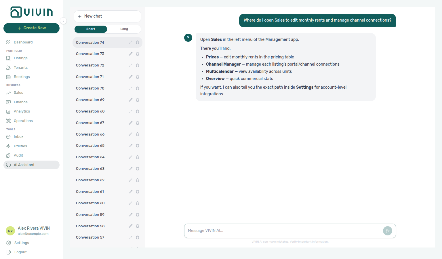 AI Assistant — where to open Sales to edit monthly rents and manage channel connections