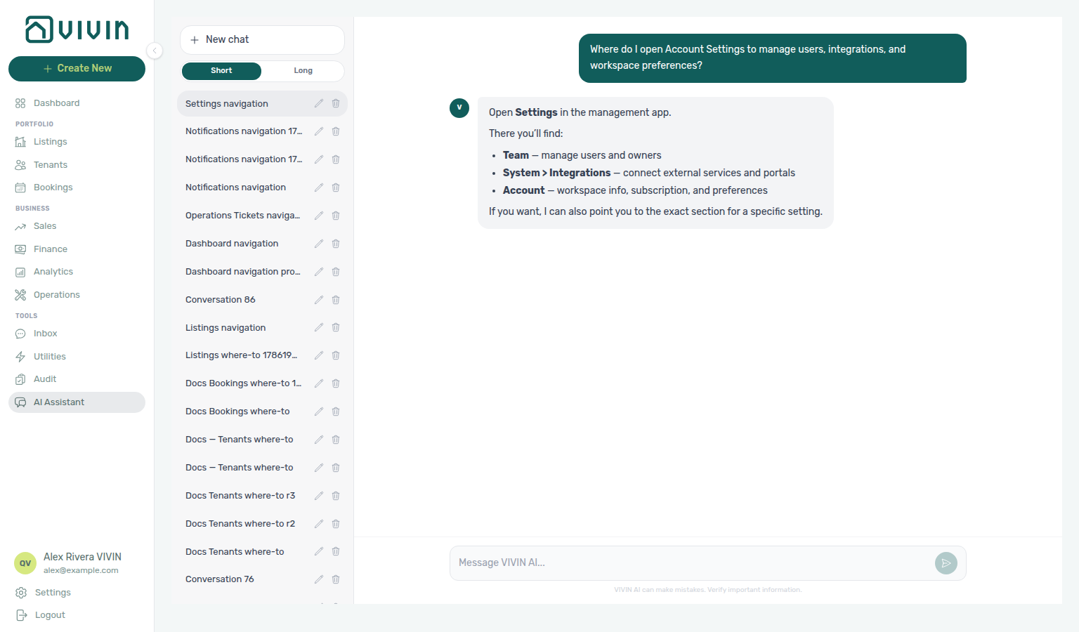 AI Assistant — where to open Account Settings for users, integrations, and preferences