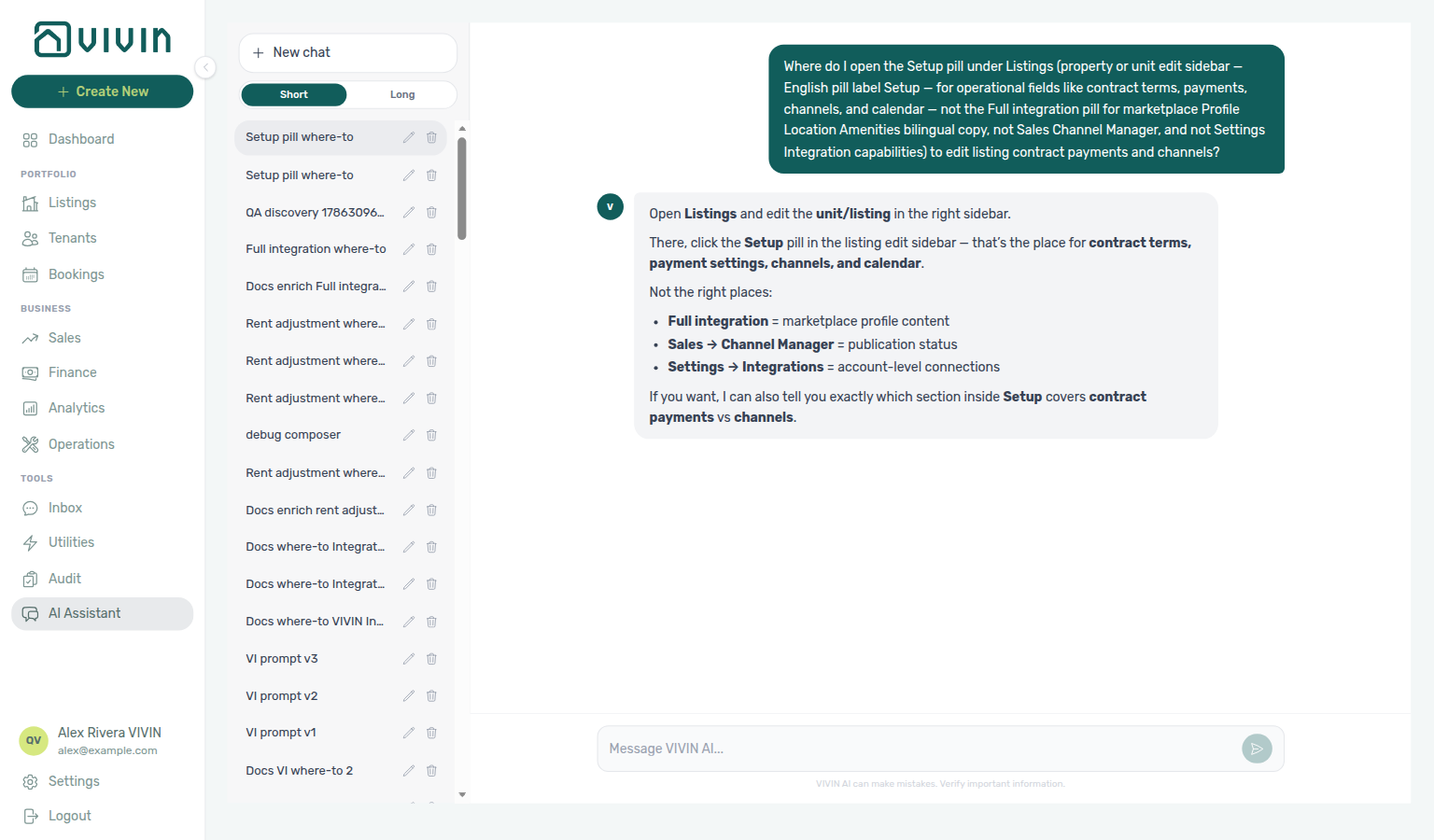AI Assistant — where to open the Setup pill for listing contract, payments, channels, and calendar
