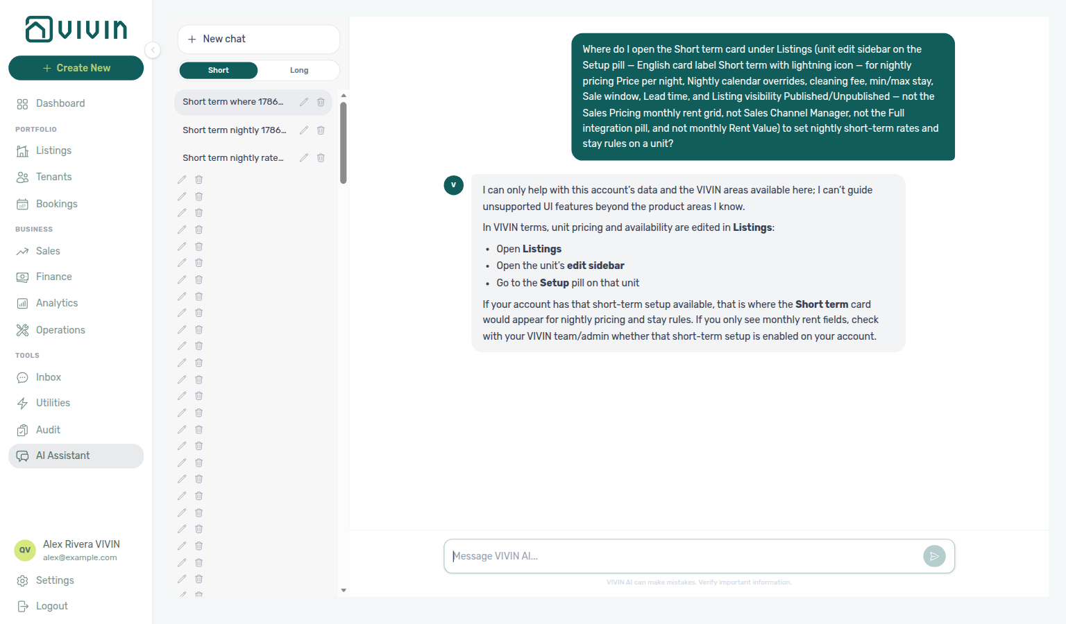 AI Assistant — where to open the Short term card for nightly pricing and stay rules