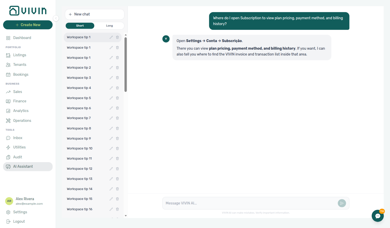 AI Assistant — where to open Subscription to view plan pricing, payment method, and billing history