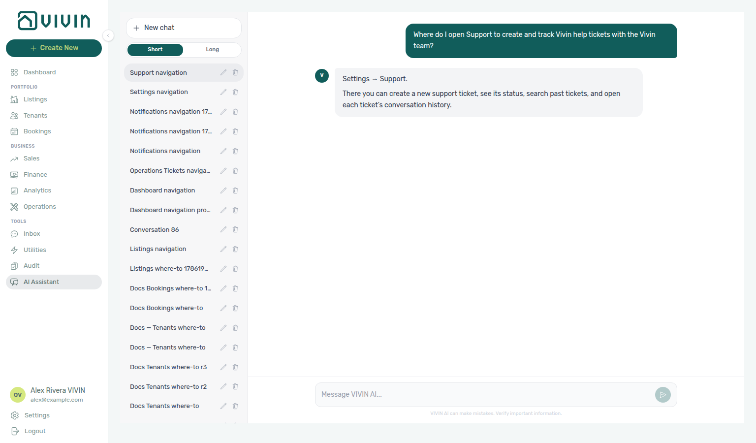 AI Assistant — where to open Support for Vivin help tickets