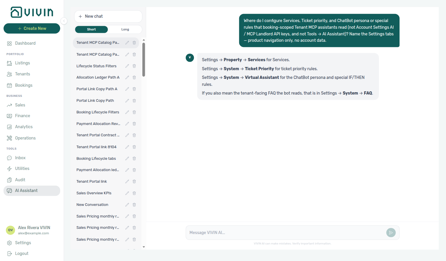 AI Assistant — where to configure Services, Ticket priority, and ChatBot catalogues Tenant MCP assistants read