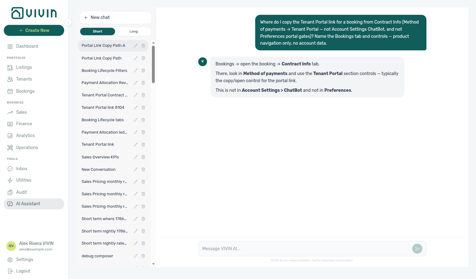 AI Assistant — where to copy the Tenant Portal link from Bookings Contract Info