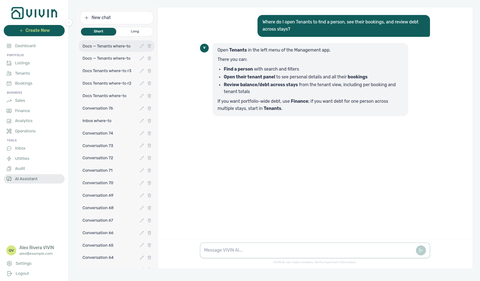 AI Assistant — where to open Tenants to find a person and review debt across stays