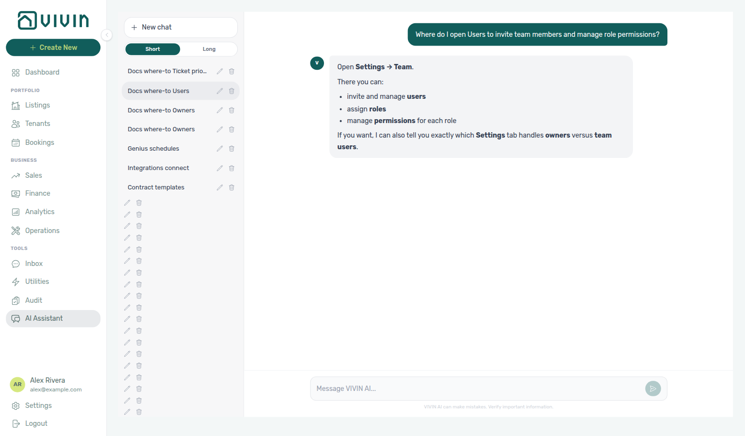 AI Assistant — where to open Users to invite team members and manage role permissions