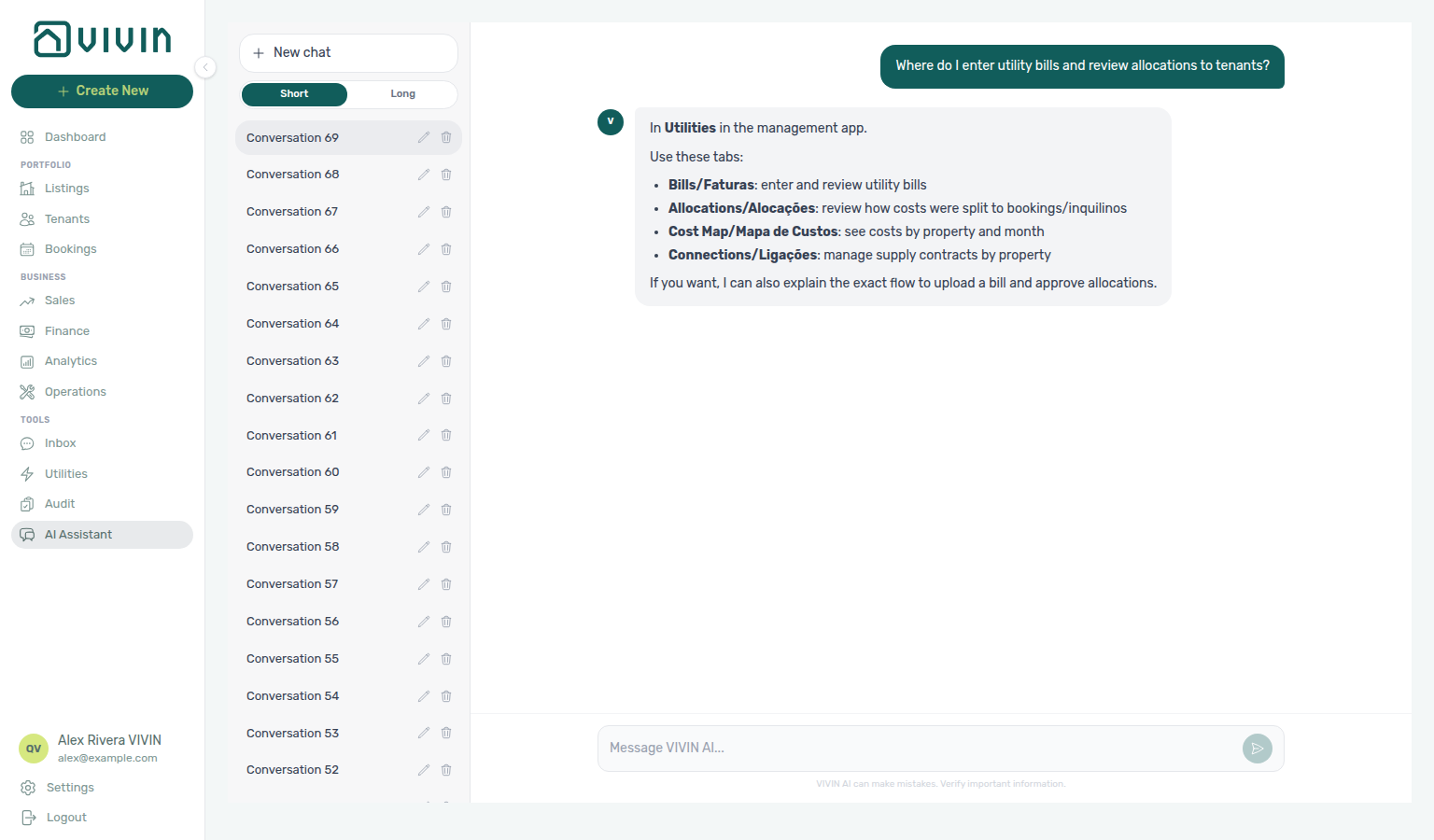 AI Assistant — where to enter utility bills and review allocations