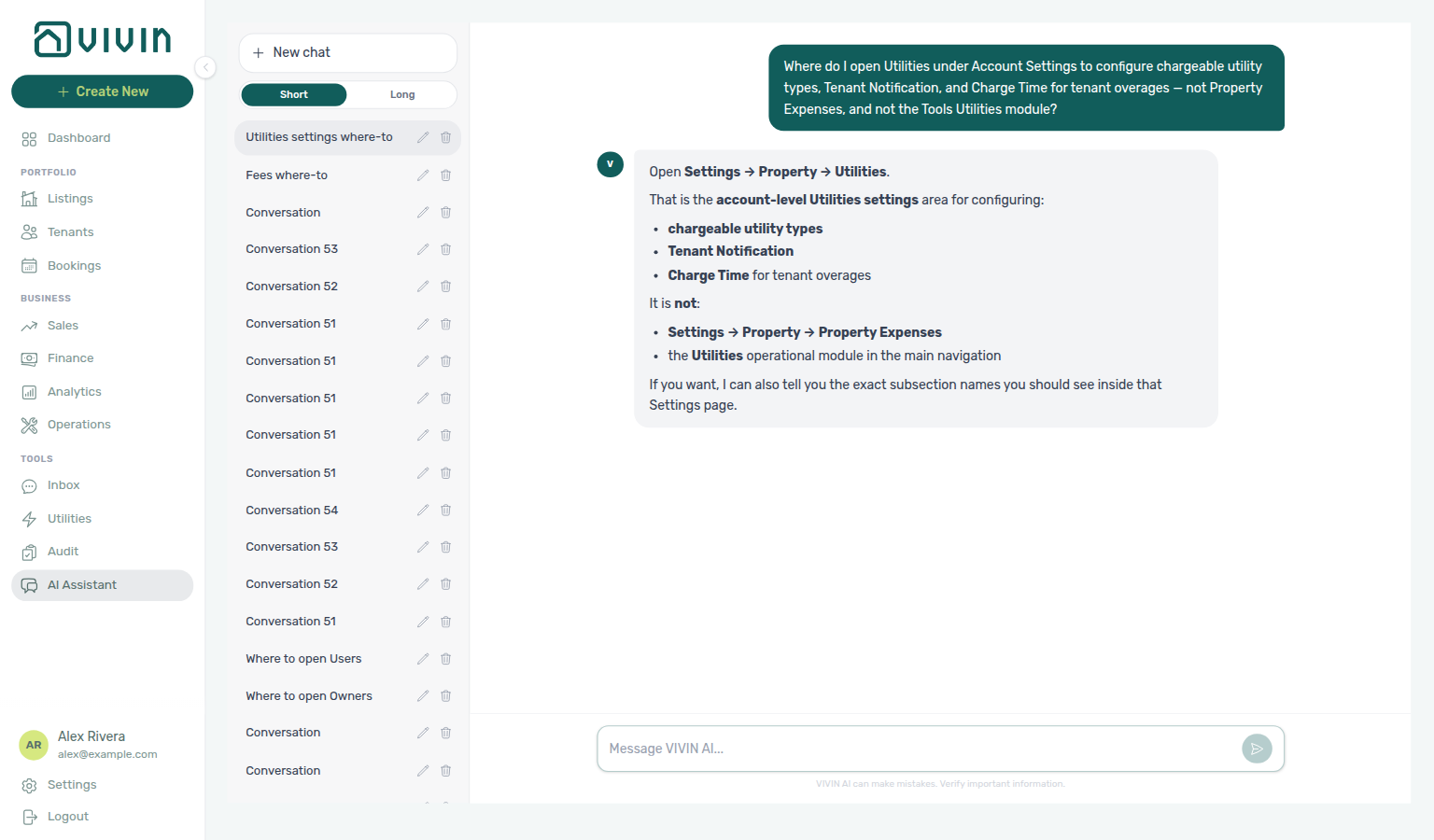 AI Assistant — where to open Utilities settings for chargeable types, Tenant Notification, and Charge Time