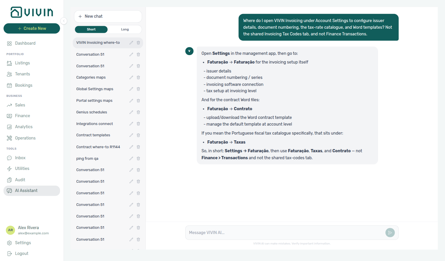 AI Assistant — where to open VIVIN Invoicing for issuer details, document numbering, tax rates, and Word templates