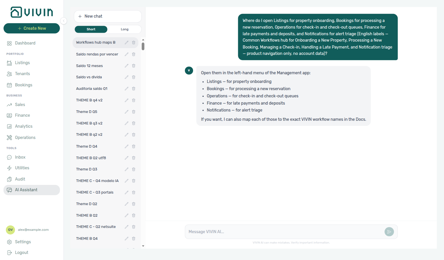 AI Assistant — where to open Listings, Bookings, Operations, Finance, and Notifications for Common Workflows