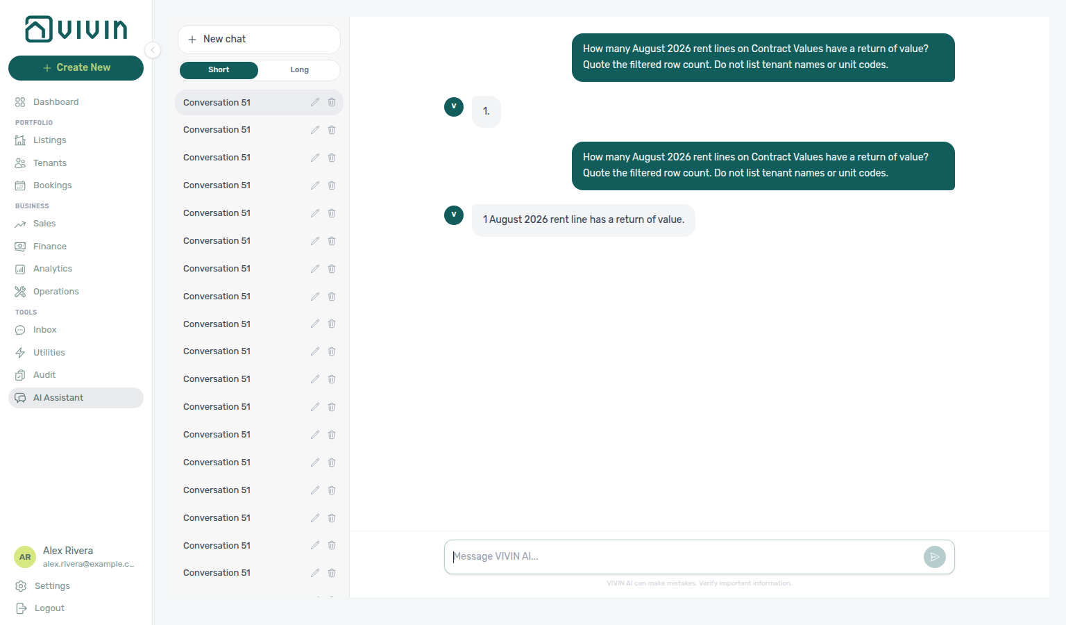 AI Assistant — August rent lines that have a return of value, with filtered row count