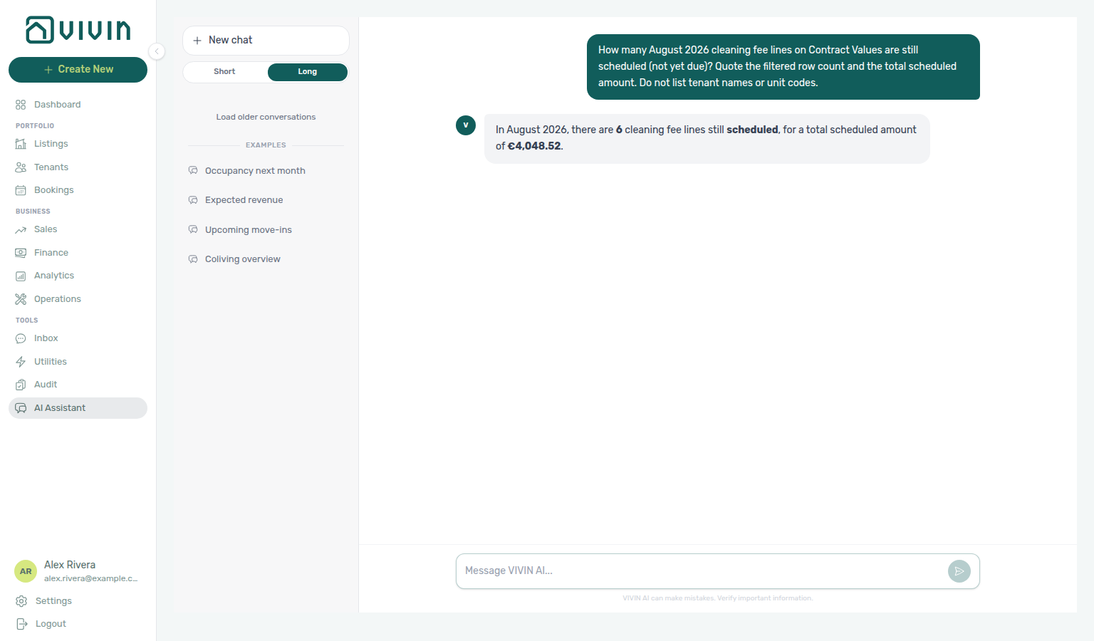 AI Assistant — August cleaning fee lines that are still scheduled (not yet due), with filtered row count