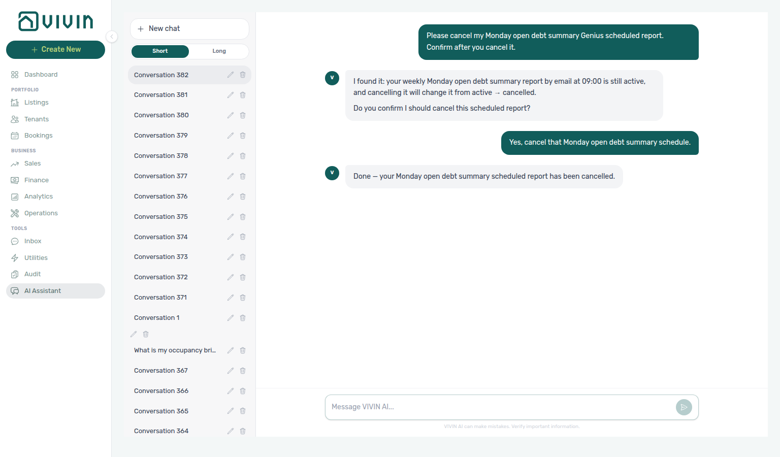 AI Assistant — Done reply after cancelling a Monday open-debt Genius schedule