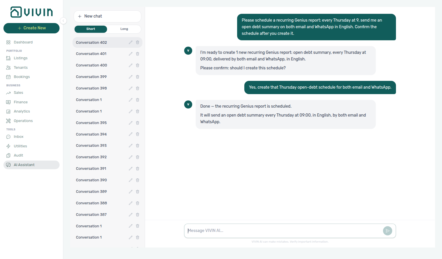 AI Assistant — Done reply after creating a Thursday open-debt schedule on both email and WhatsApp