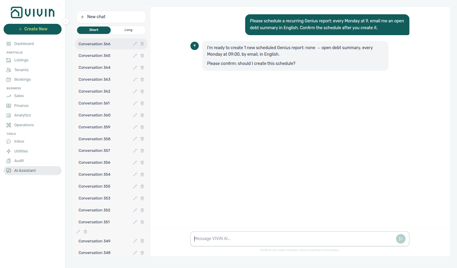 AI Assistant — two-turn confirm before creating an open-debt Genius schedule