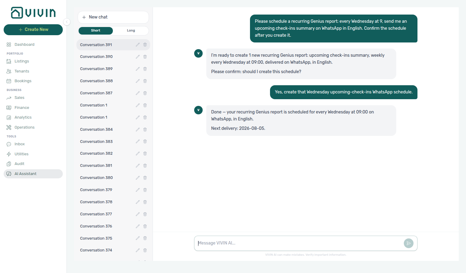 AI Assistant — Done reply after creating a Wednesday upcoming-check-ins WhatsApp schedule