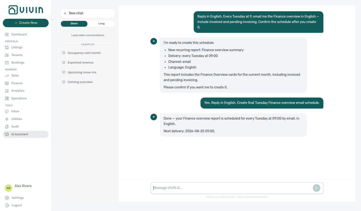 AI Assistant — Done reply after creating a Tuesday Finance overview email schedule