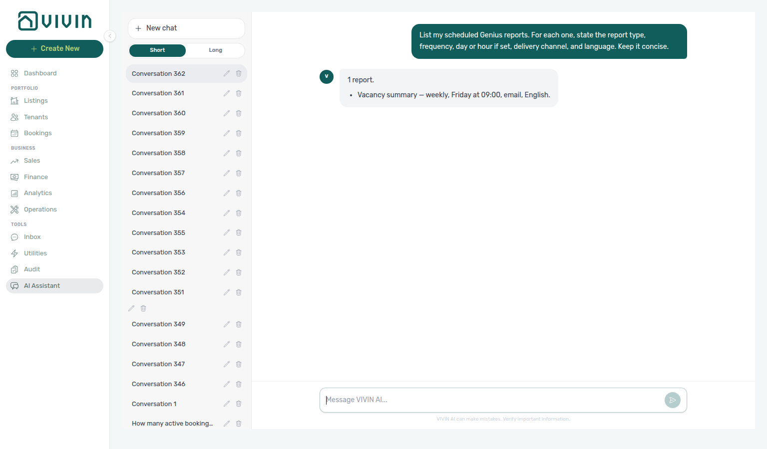 AI Assistant — list of scheduled Genius reports (vacancy weekly email example)
