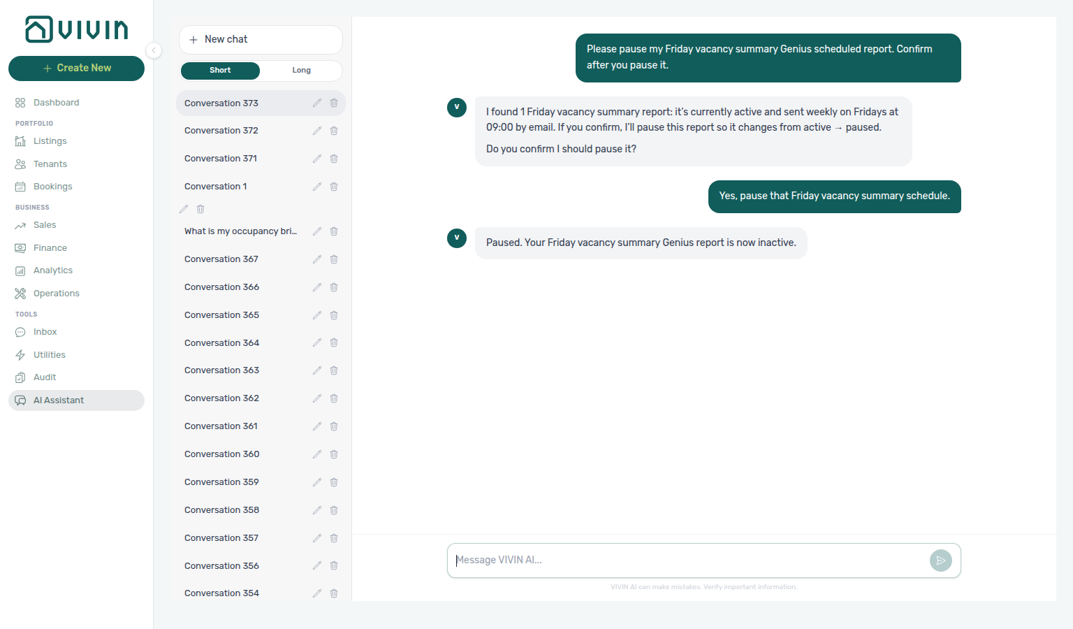 AI Assistant — Done reply after pausing a Friday vacancy Genius schedule (now inactive)