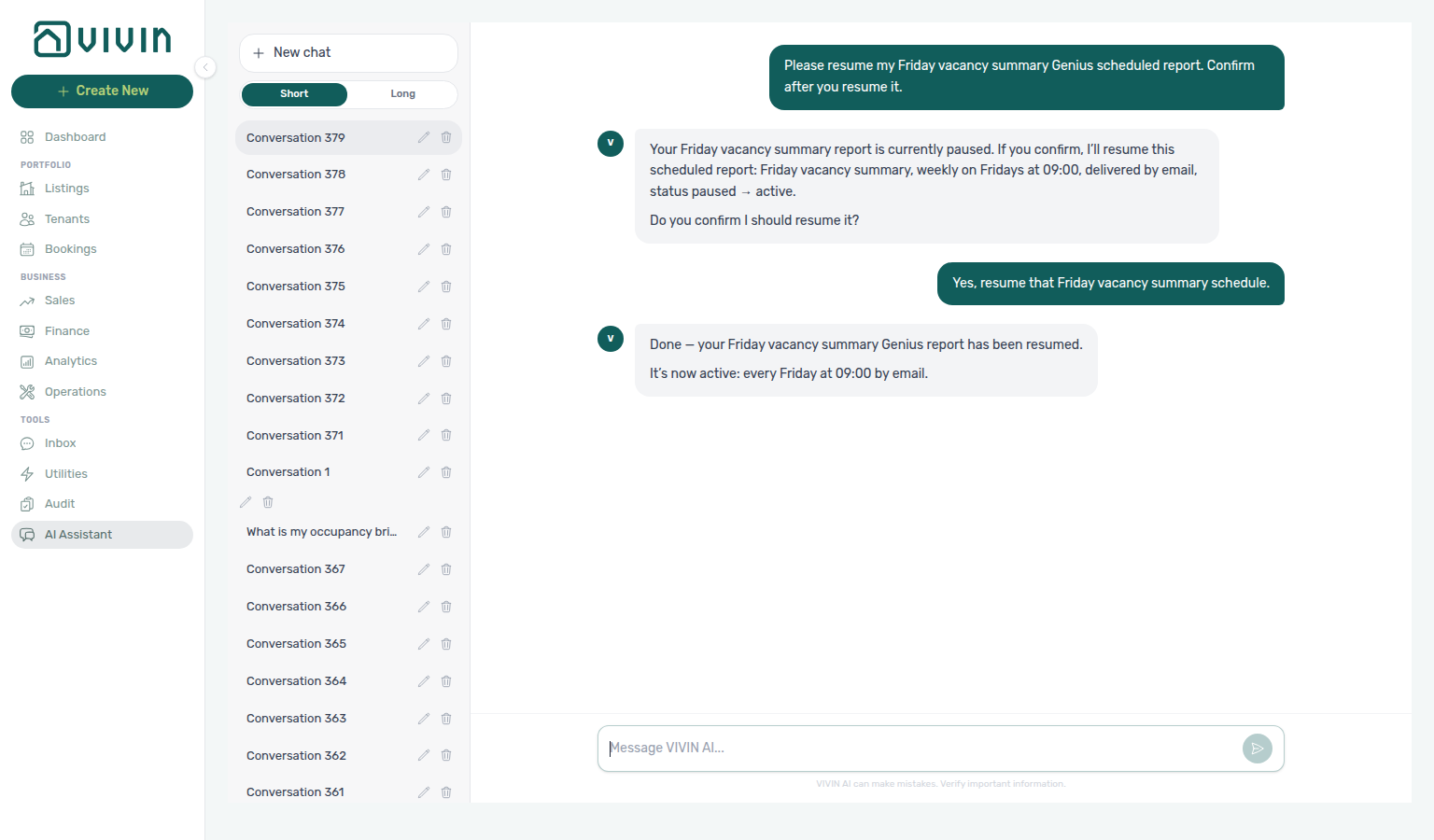 AI Assistant — Done reply after resuming a Friday vacancy Genius schedule (now active)