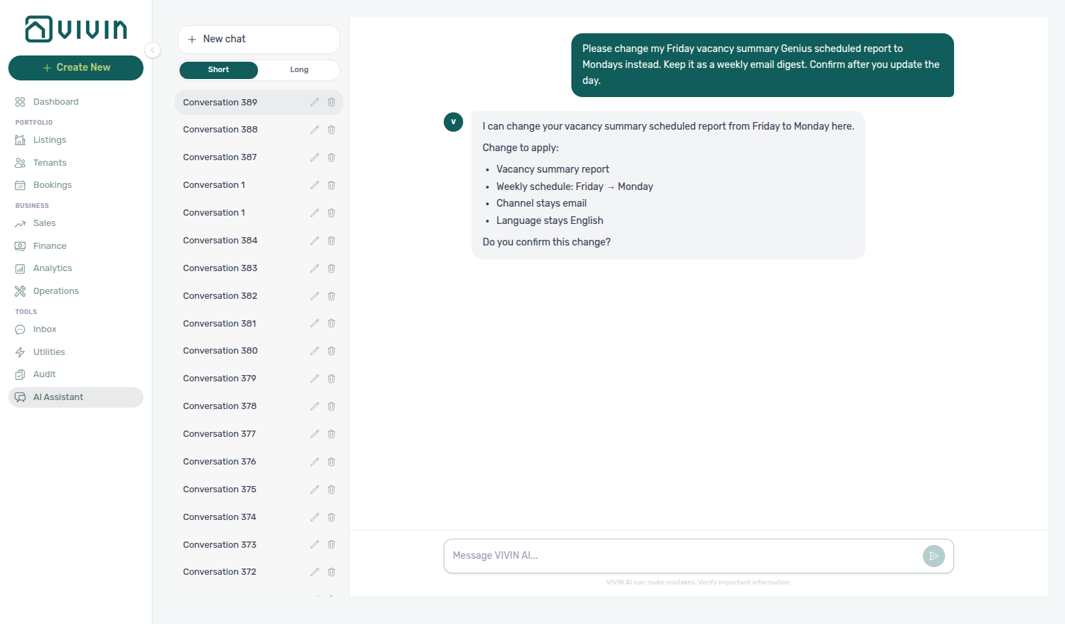 AI Assistant — confirm prompt before changing a Friday vacancy Genius schedule to Mondays