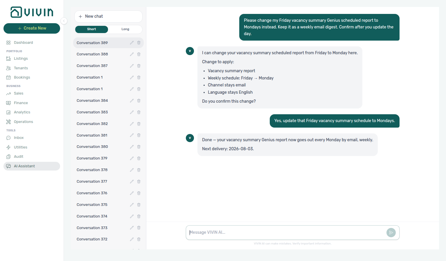 AI Assistant — Done reply after updating a Friday vacancy Genius schedule to Mondays