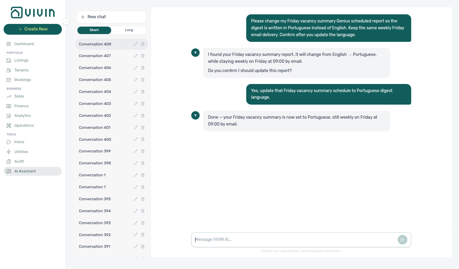 AI Assistant — Done reply after switching a Friday vacancy Genius schedule to Portuguese digest language