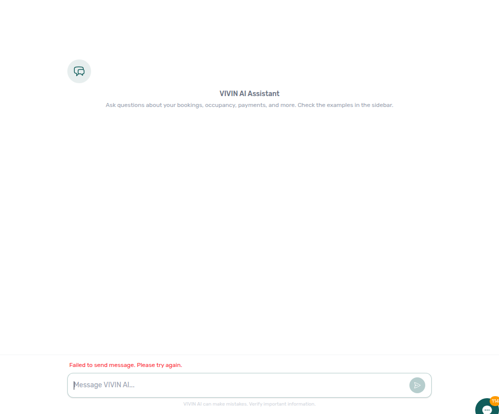 AI Assistant — send failure with red inline banner above the composer (simulated API error during capture)