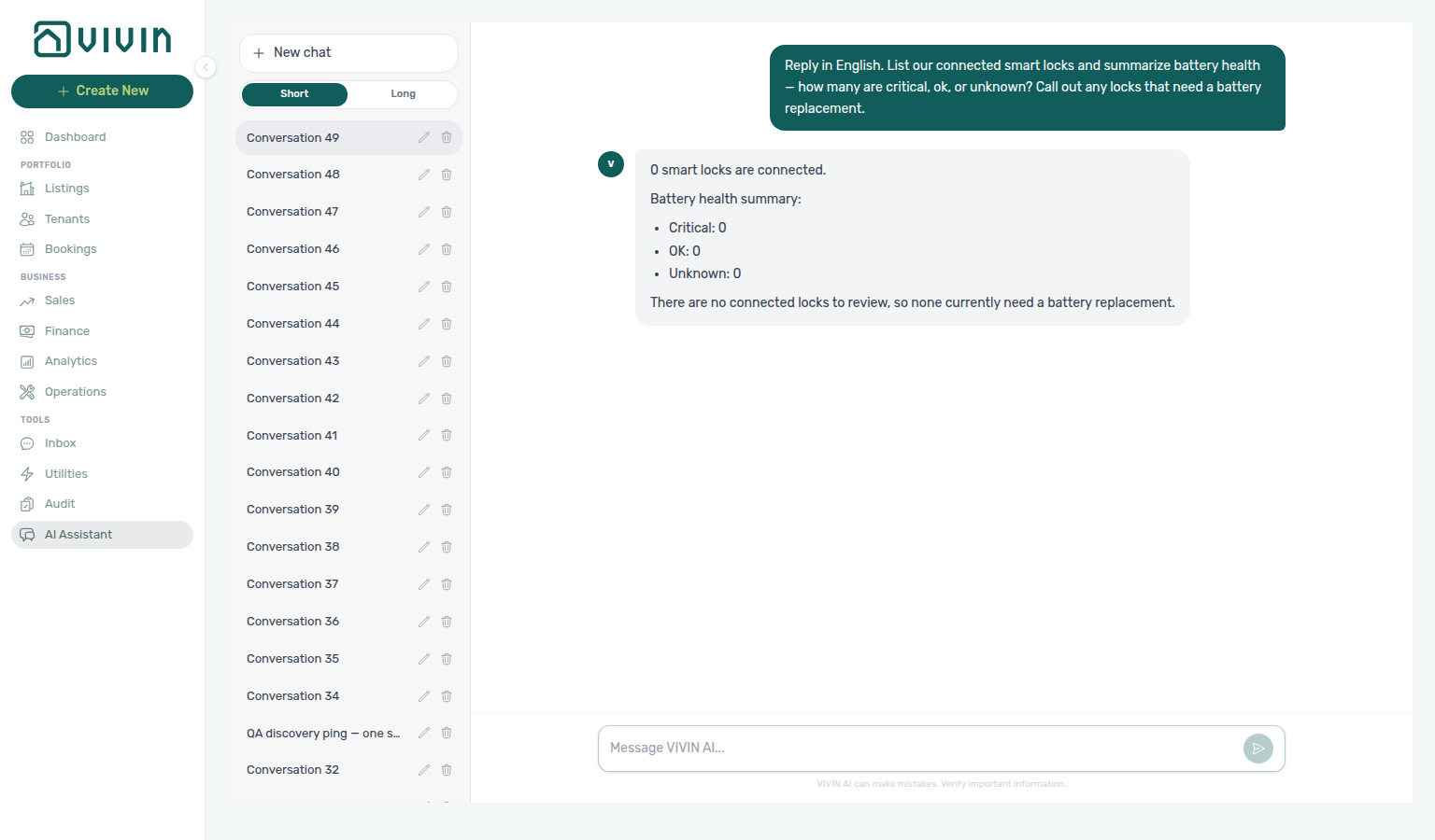AI Assistant — smart-lock battery check with critical / unknown / ok counts