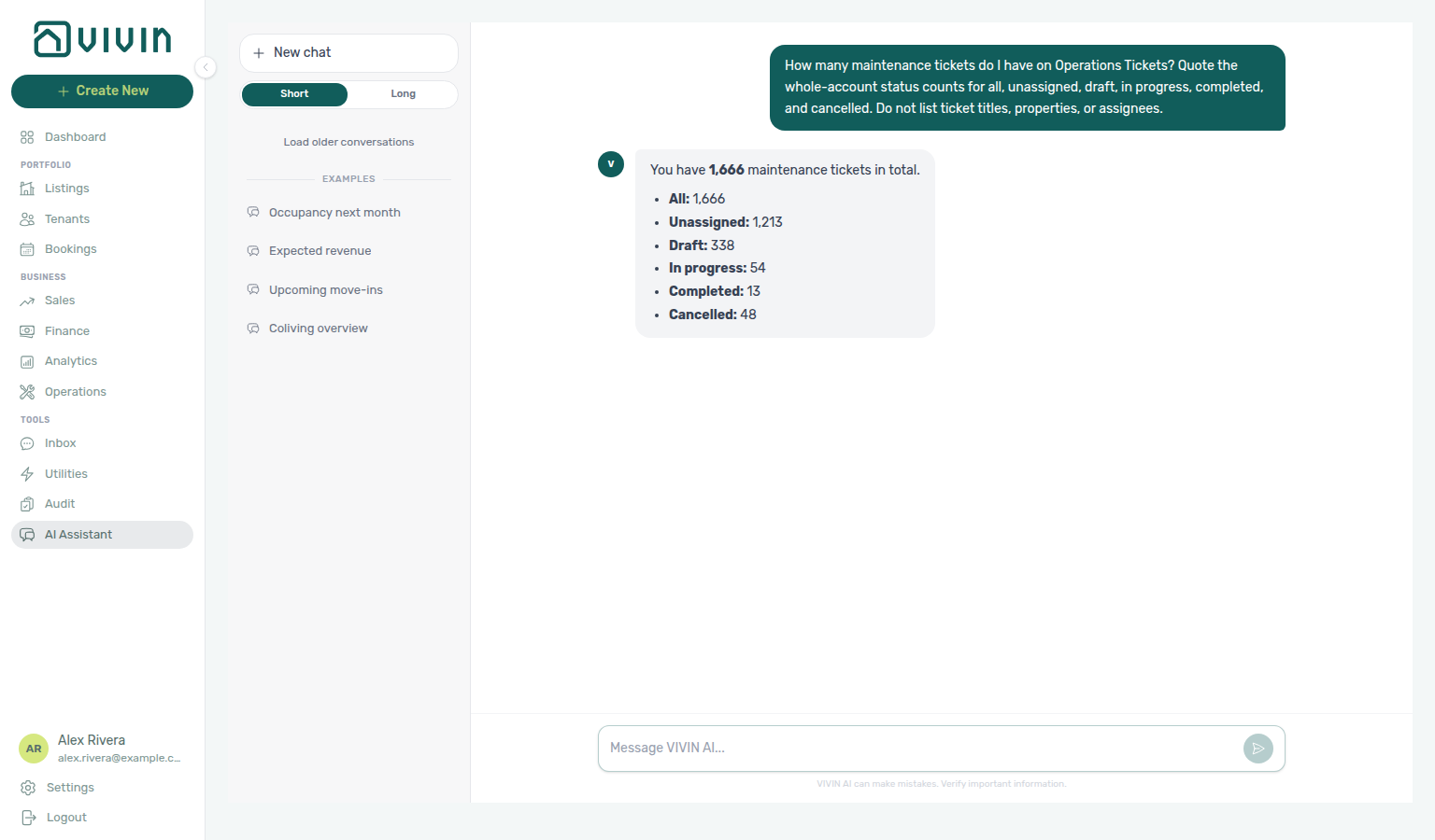AI Assistant — whole-account ticket status counts (all, unassigned, draft, in progress, completed, cancelled)