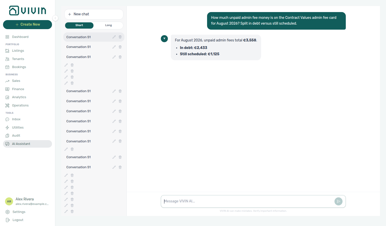 AI Assistant — August unpaid admin fees split into in debt versus still scheduled