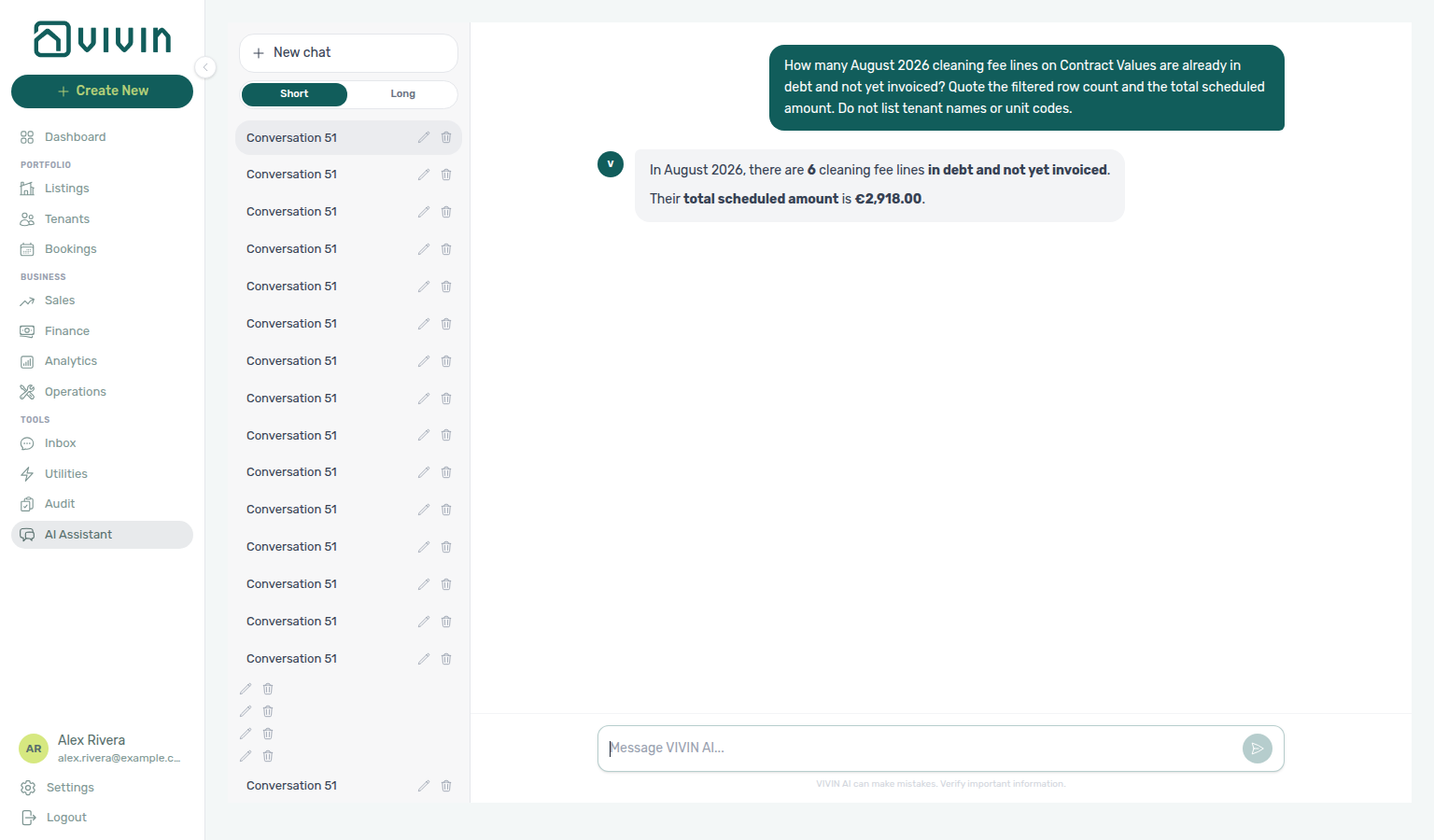 AI Assistant — August in-debt cleaning fee lines that are not yet invoiced, with filtered row count