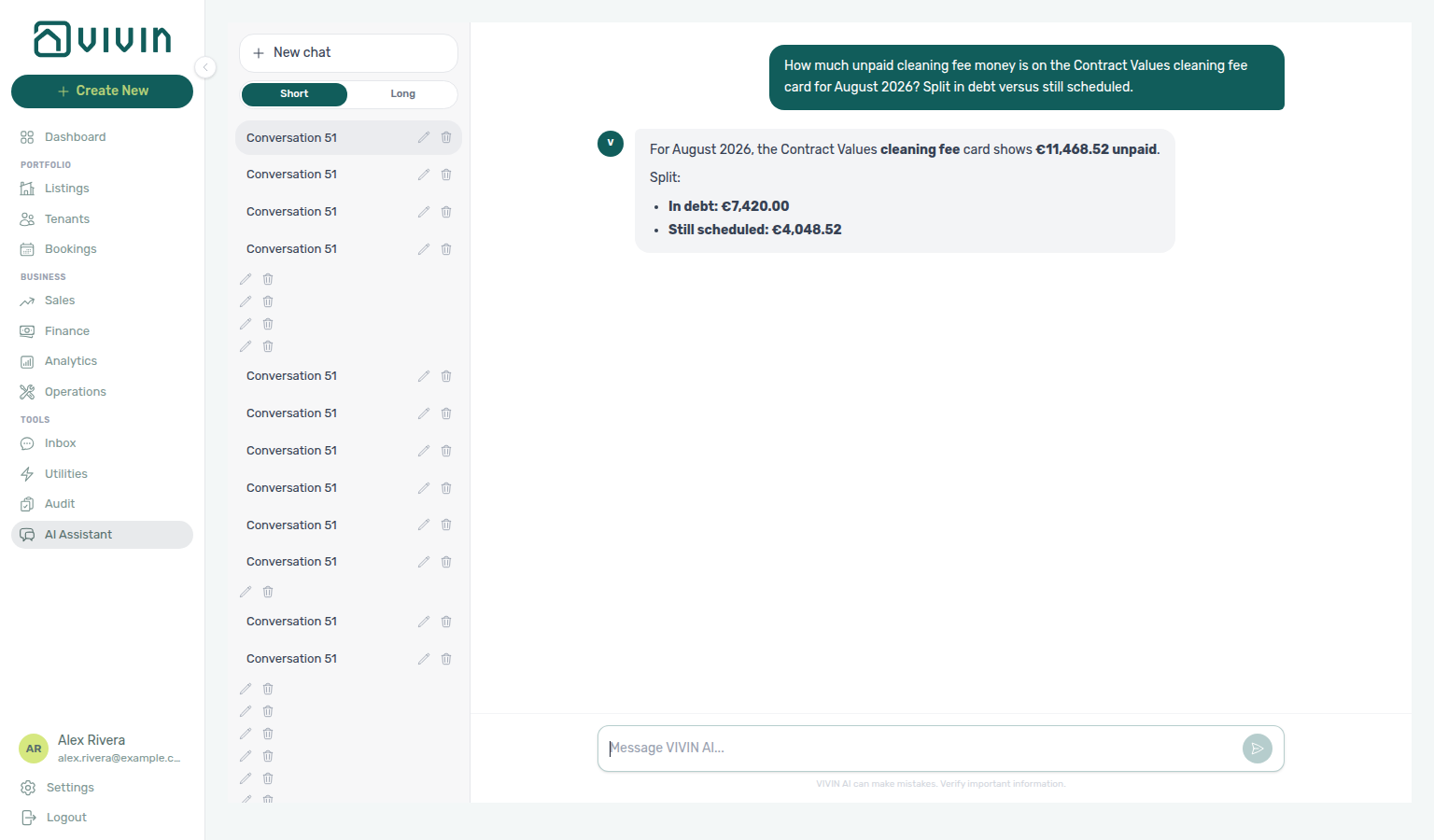 AI Assistant — August unpaid cleaning fees split into in debt versus still scheduled