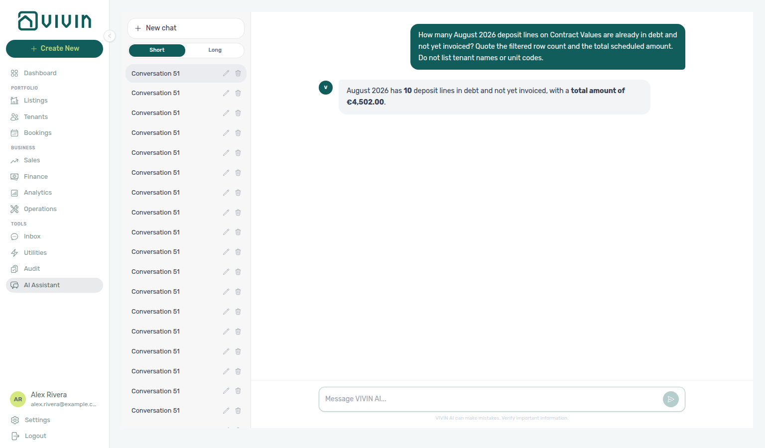 AI Assistant — August in-debt deposit lines that are not yet invoiced, with filtered row count