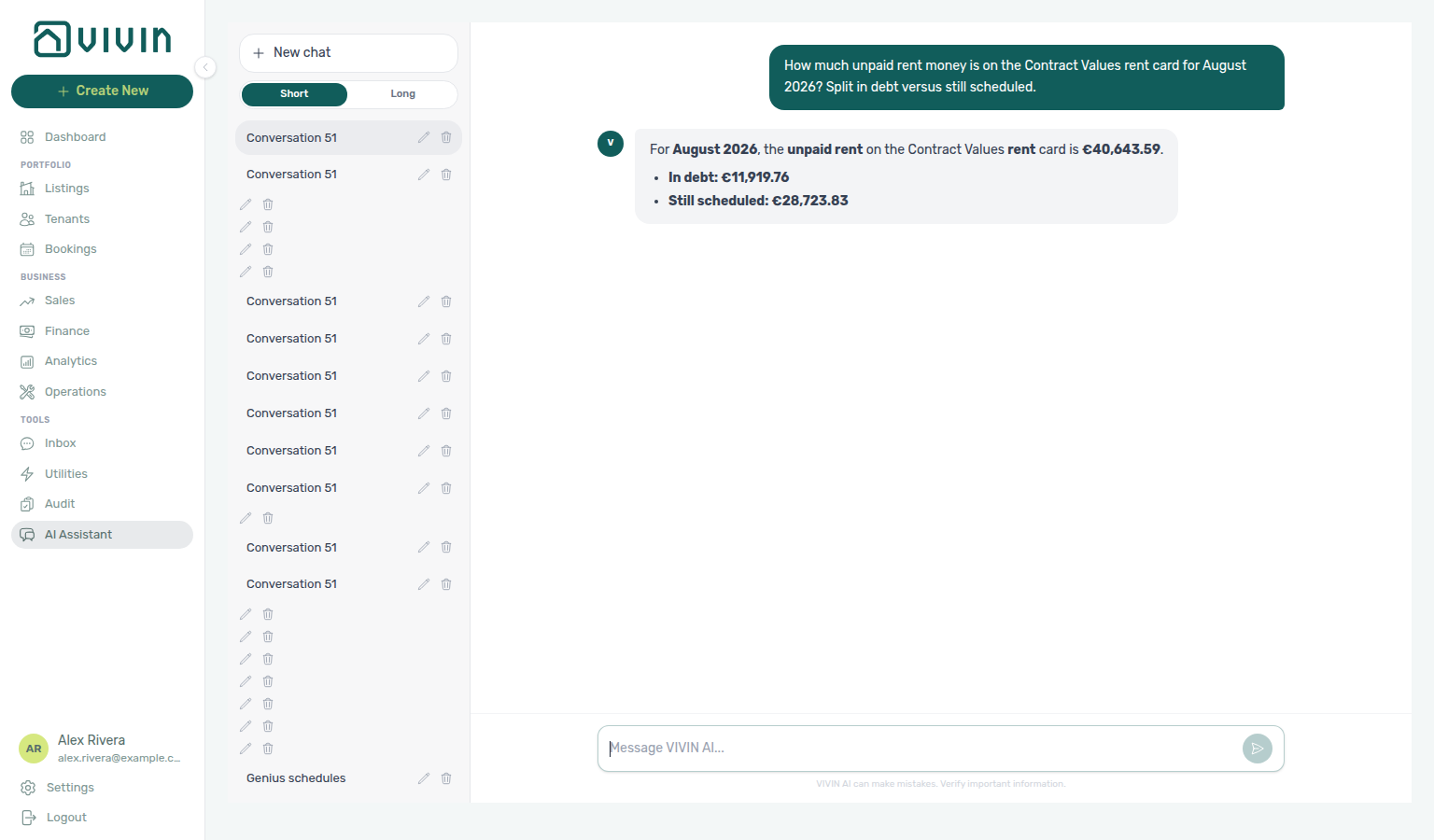AI Assistant — August unpaid rent split into in debt versus still scheduled