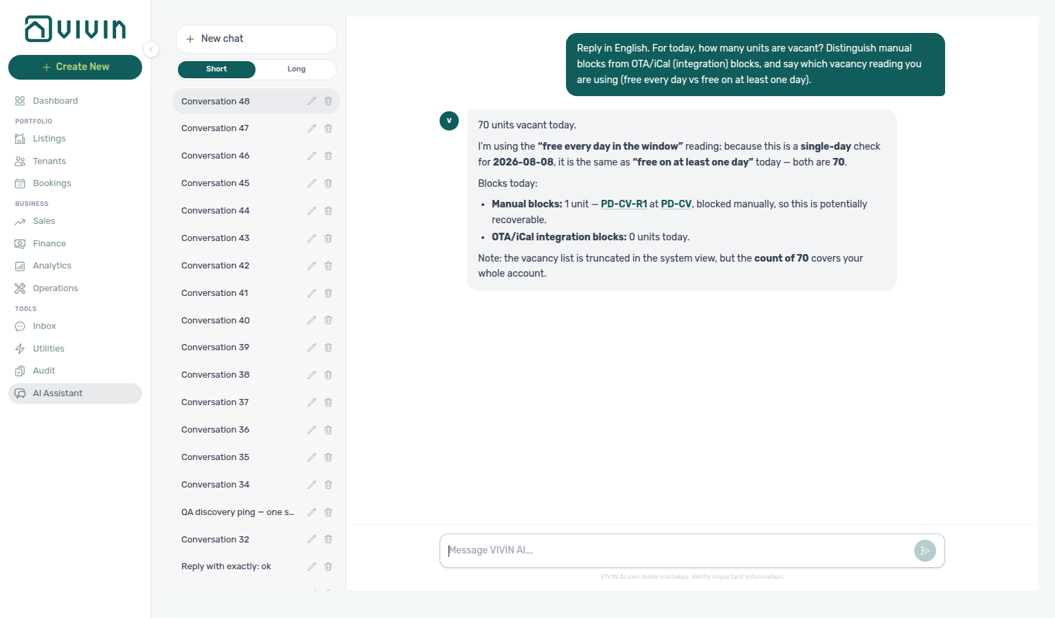 AI Assistant — vacancy today with manual vs OTA/iCal blocks called out
