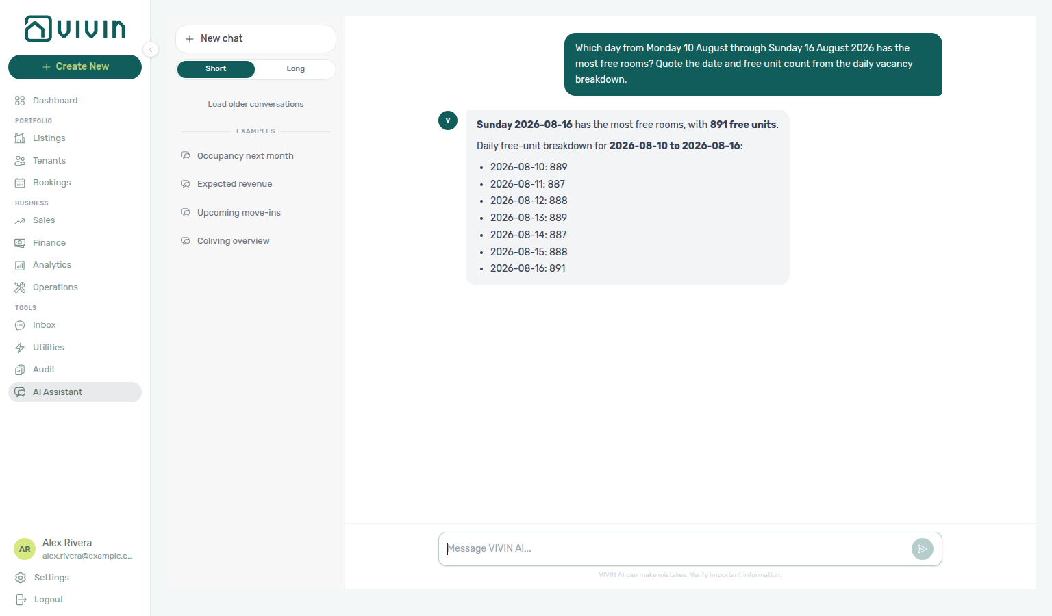 AI Assistant — ranks days by free rooms using the vacancy daily breakdown