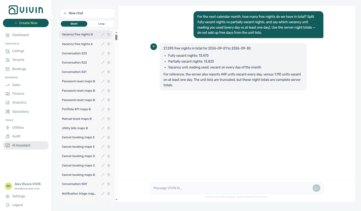 AI Assistant — next-month free nights with fully vacant vs partially vacant night totals