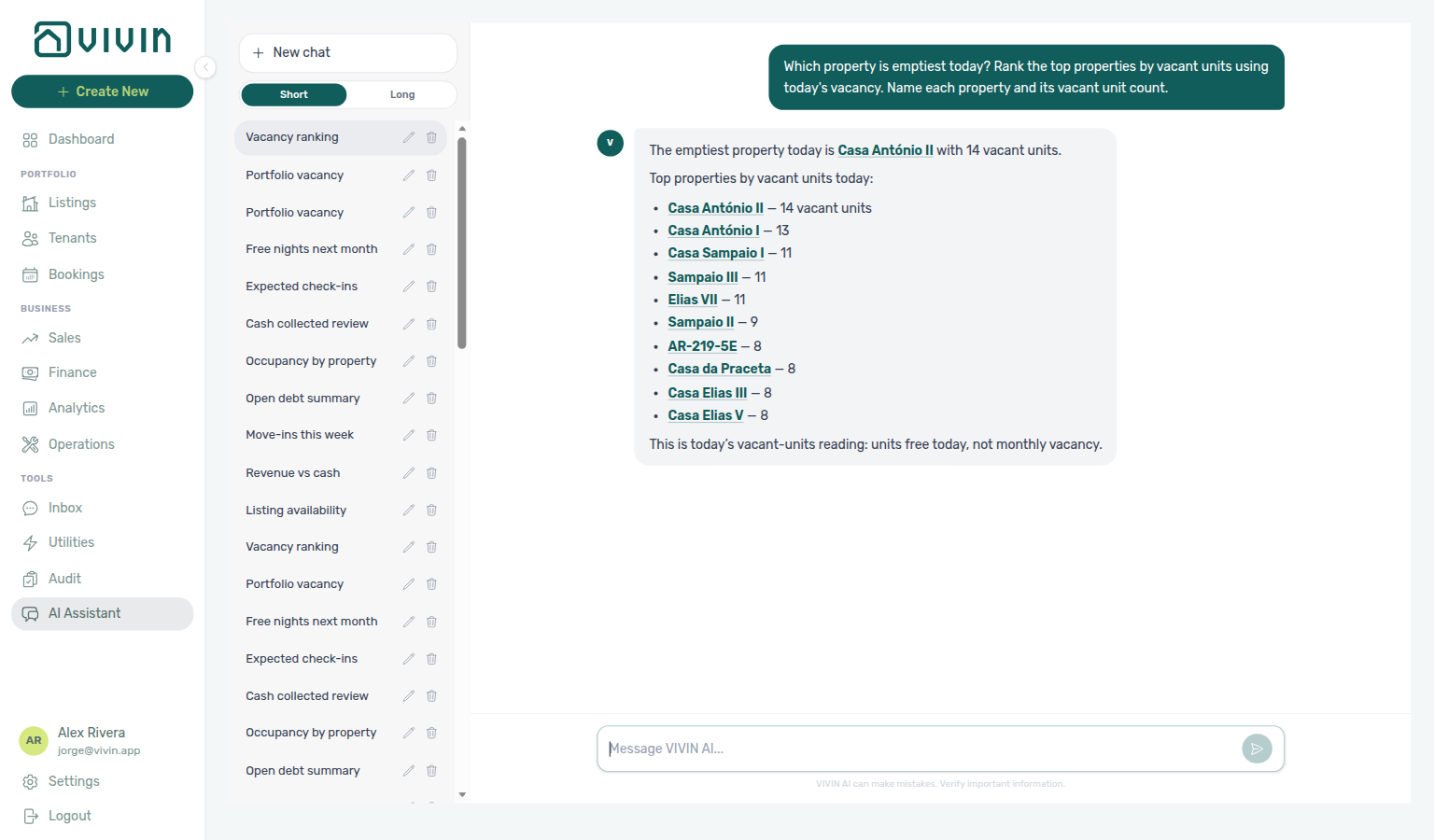 AI Assistant — ranks properties by vacant units using the vacancy property breakdown