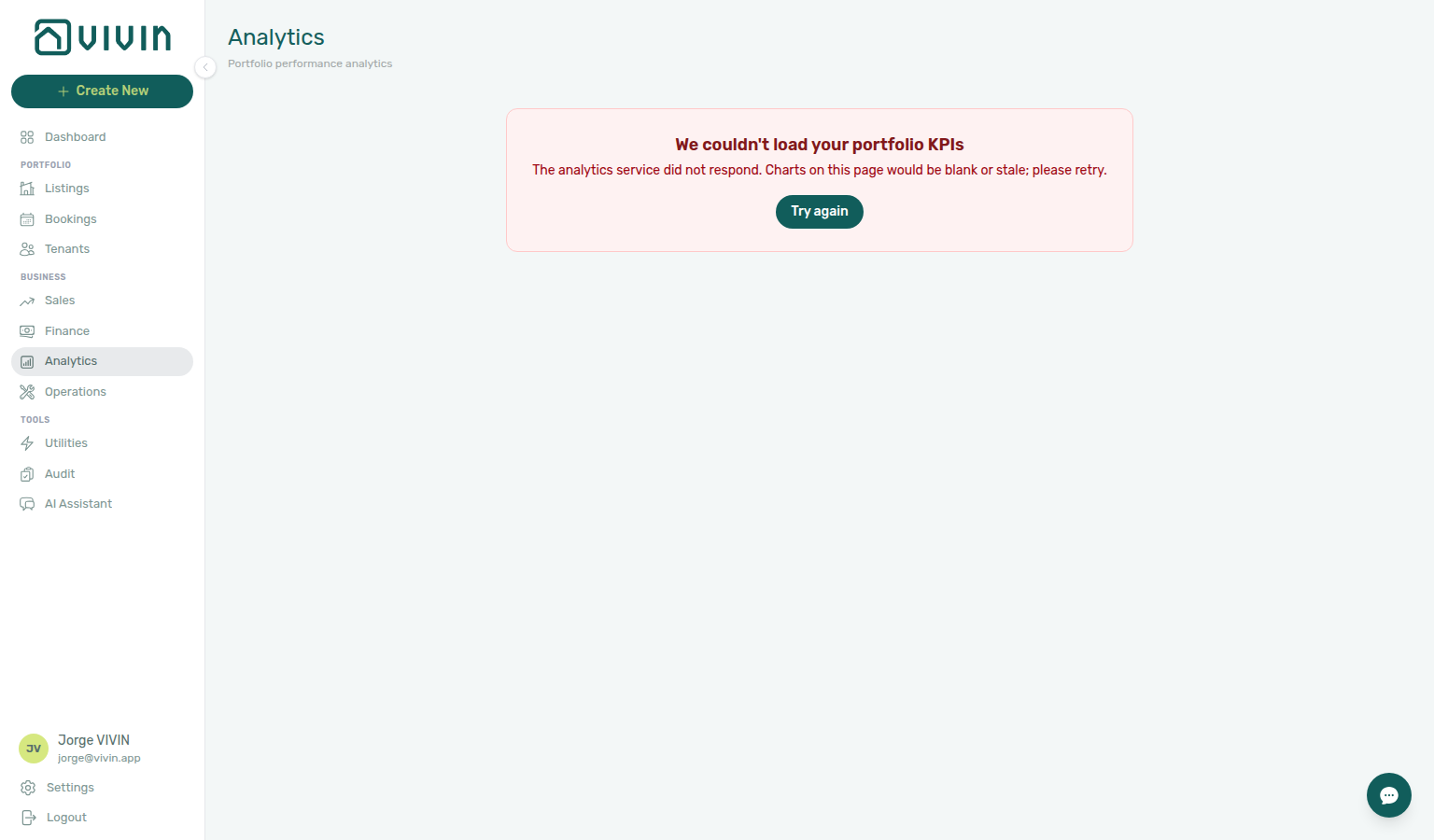 Analytics — portfolio KPI workspace load failure with Try again