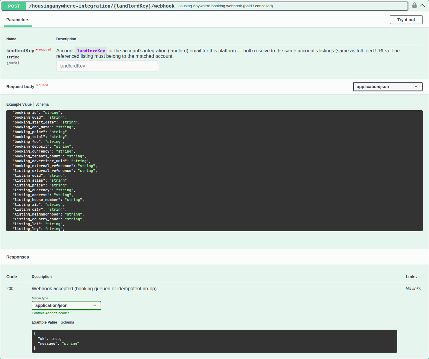 Integration Swagger — Housing Anywhere POST /landlordKey/webhook with landlordKey path parameter and listing_external_reference on the request body