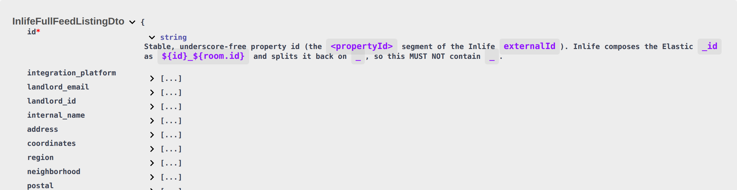 Integration Swagger — InlifeFullFeedListingDto with required underscore-free listing id