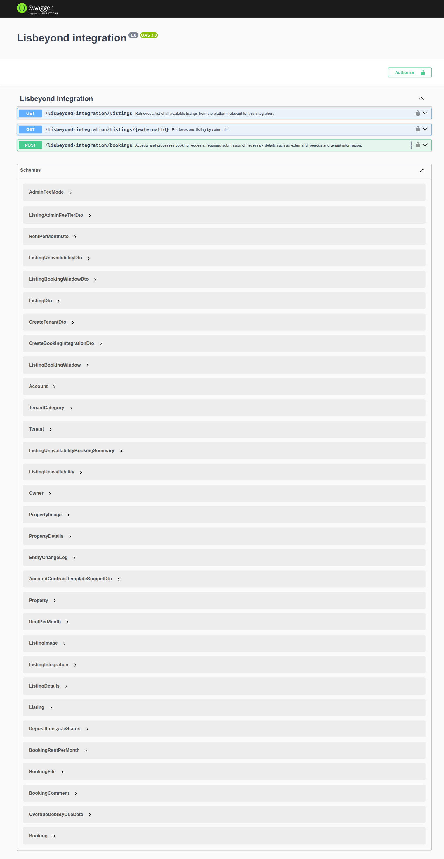 Integration Swagger — Lisbeyond listings group with GET /listings, GET /listings/externalId, and POST /bookings