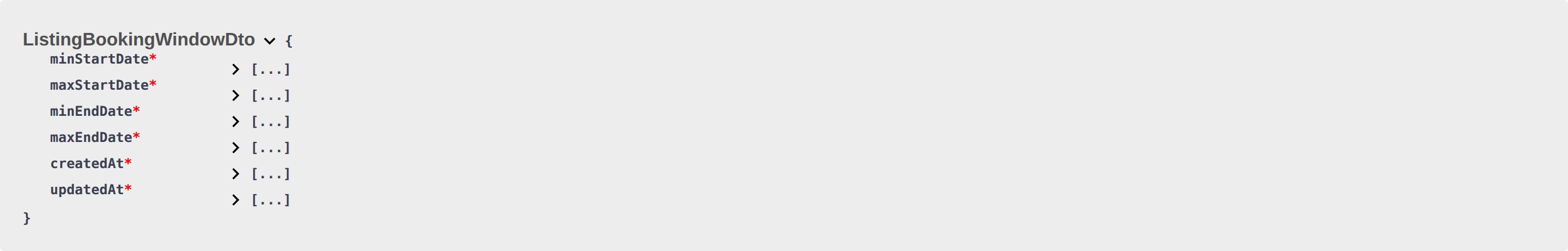 BookingWindow fields — minStartDate, maxStartDate, minEndDate, and maxEndDate