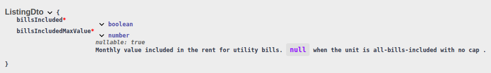 Integration OpenAPI — ListingDto billsIncluded boolean and billsIncludedMaxValue number (nullable, null when All bills included)