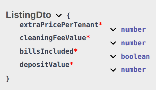 Integration OpenAPI — ListingDto extraPricePerTenant, cleaningFeeValue, billsIncluded, and depositValue (no exitFeeValue)